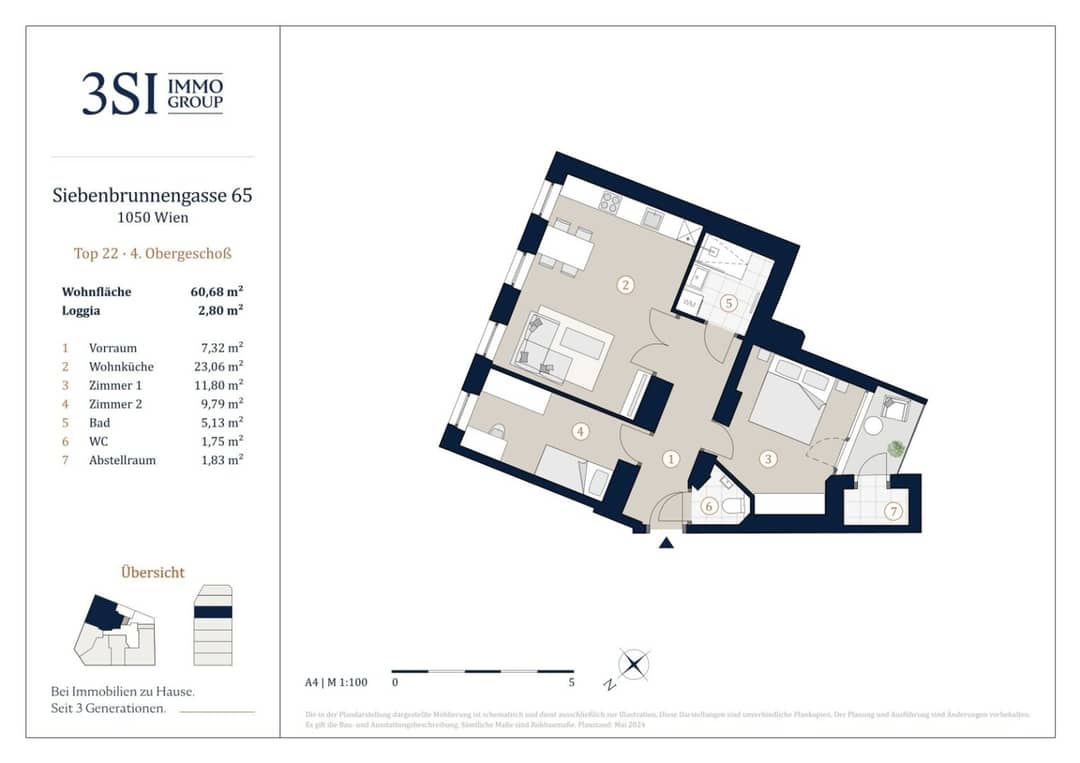 VIVIENNE: 3-Zimmer-Altbau, 63m², Loggia