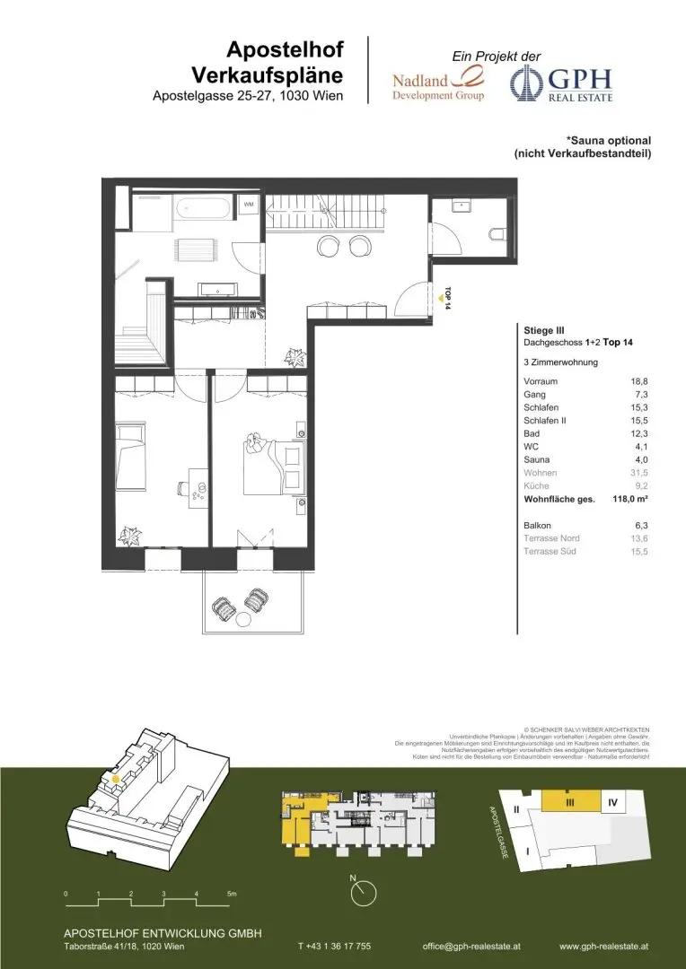 Apartment top floor maisonette with north terrace