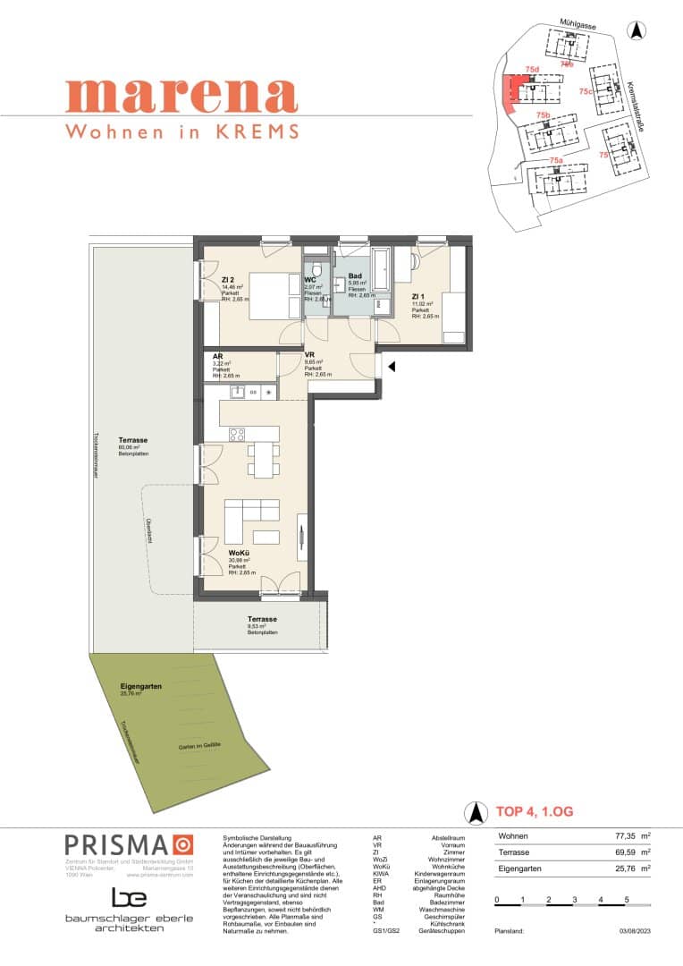Newly built apartment with garden and two terraces