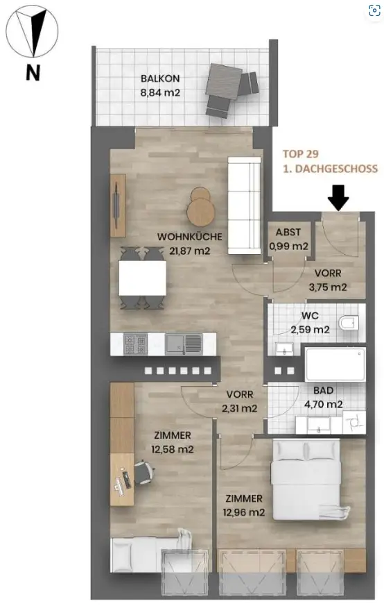 Dachgeschosswohnung mit Terrasse und Lift