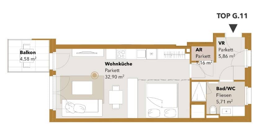 ASG IV-Qualitatives Wohnen in urbaner Lage: hochwertiger 1-Zimmer ZWEITBEZUG mit Balkon! Tischler-Einbaumöbel! +Provisionsfrei+