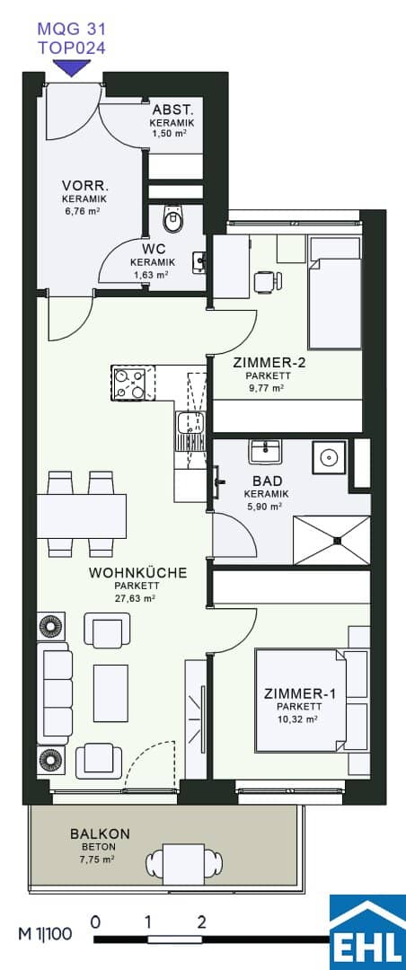 New build apartment with balcony and open kitchen