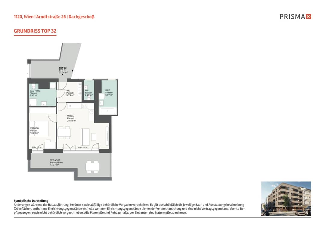 Top floor apartment with large terrace brand new