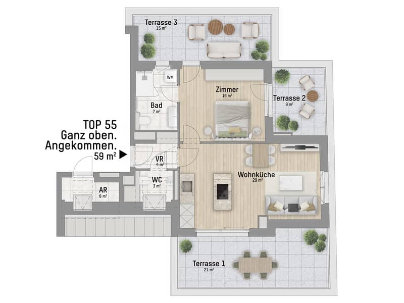 Penthouse mit Terrassen nahe Donau Zentrum U1