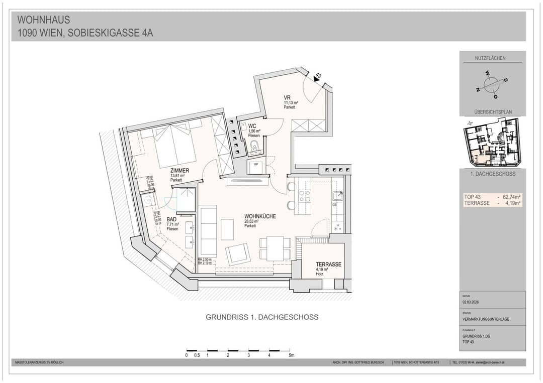 Lichtdurchflutete 2-Zimmer-Dachgeschosswohnung mit Terrasse im 9. Bezirk! Erstbezug!