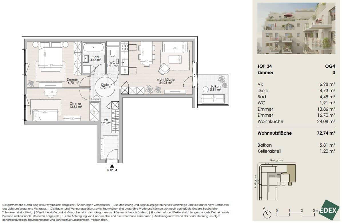 New build apartment with south facing balcony and parquet floor