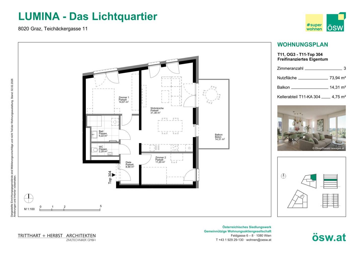 New build apartment in the car free Reininghaus with balcony