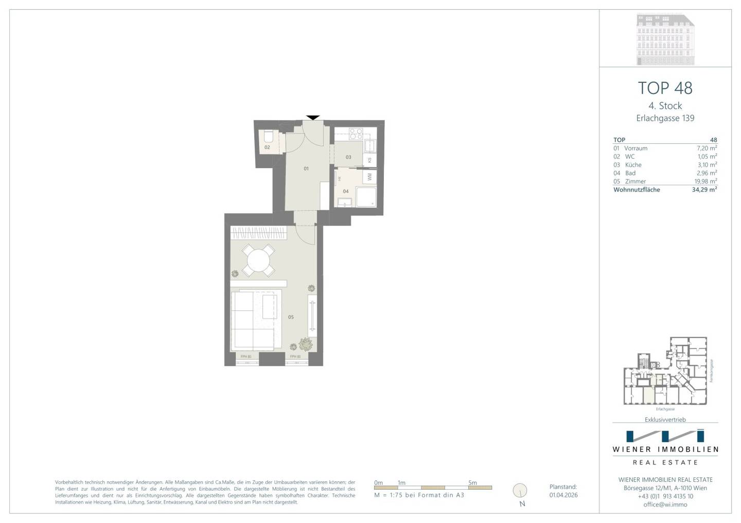 Renovated apartment with built in kitchen and parquet