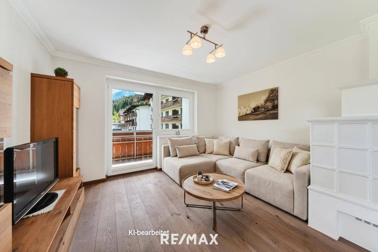 Wohnung mit Bergblick und großem Balkon sowie Kachelofen