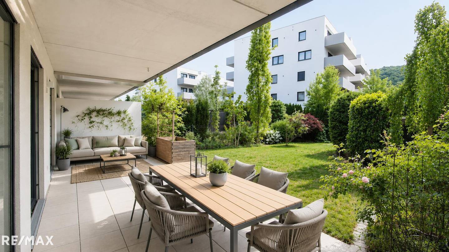 Wohnung mit Garten und Terrasse und moderner Küche