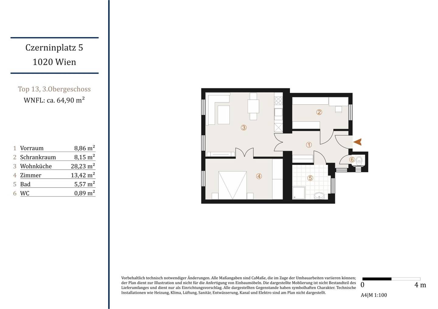 Bright 2,5 room apartment with lift and kitchen