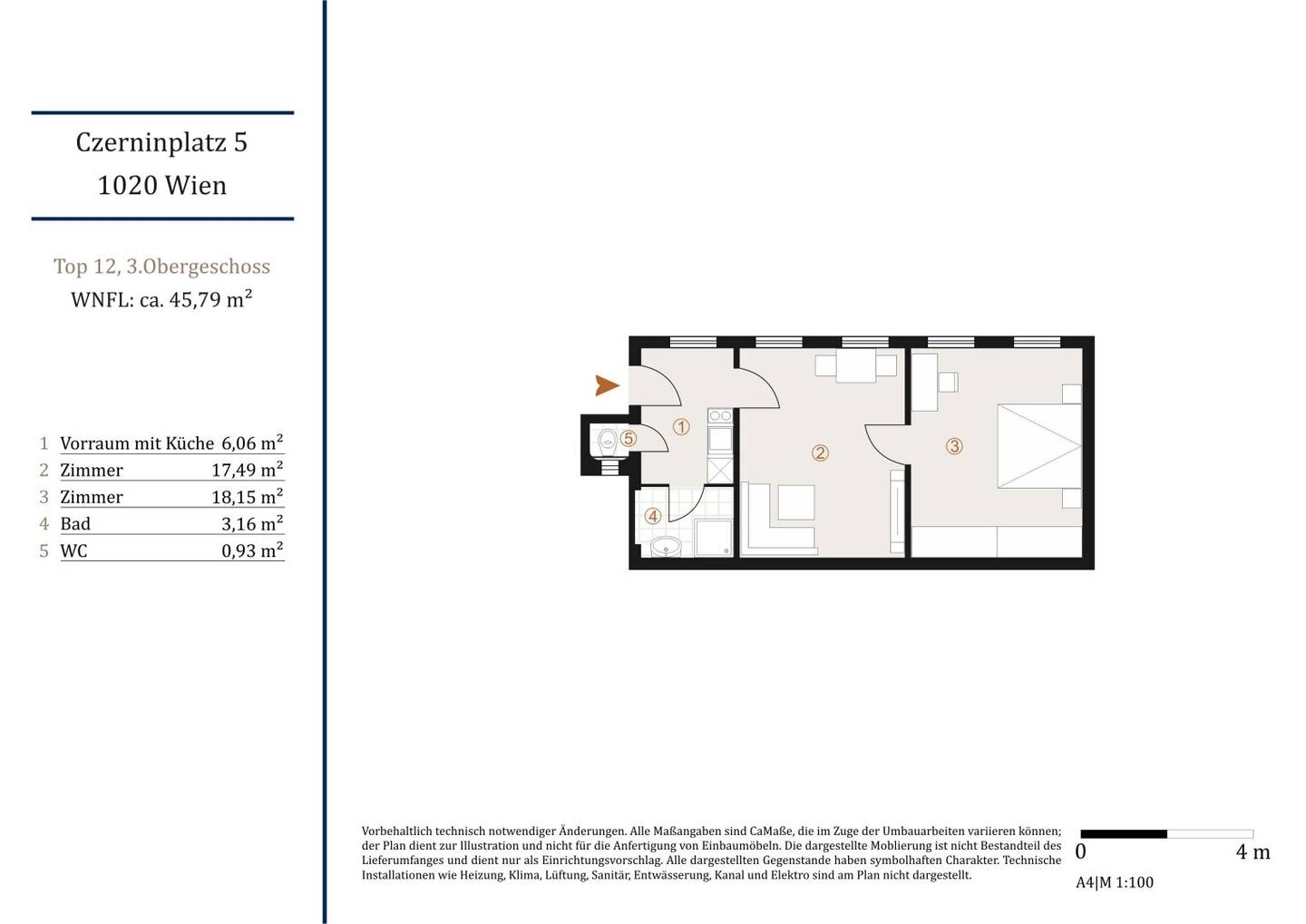 Apartment with built in kitchen and elevator