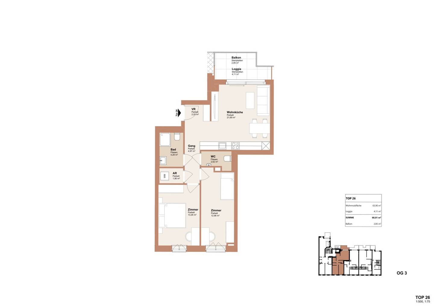 Newly built well laid out 3 room apartment in a great location with first occupancy