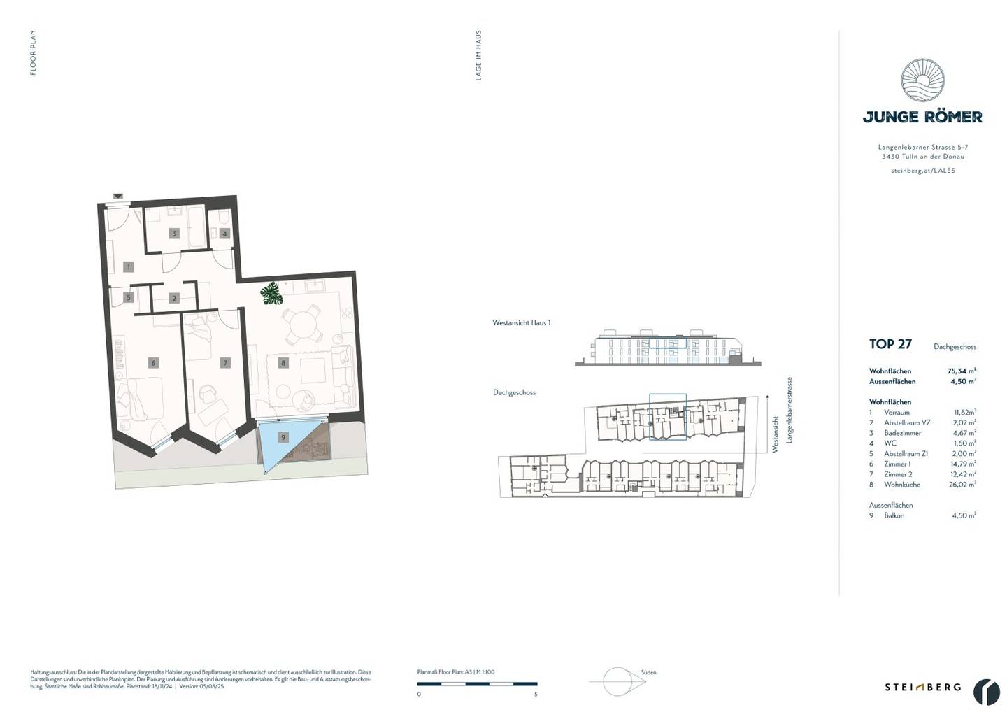 3-room top-floor apartment with balcony, near Donaulände