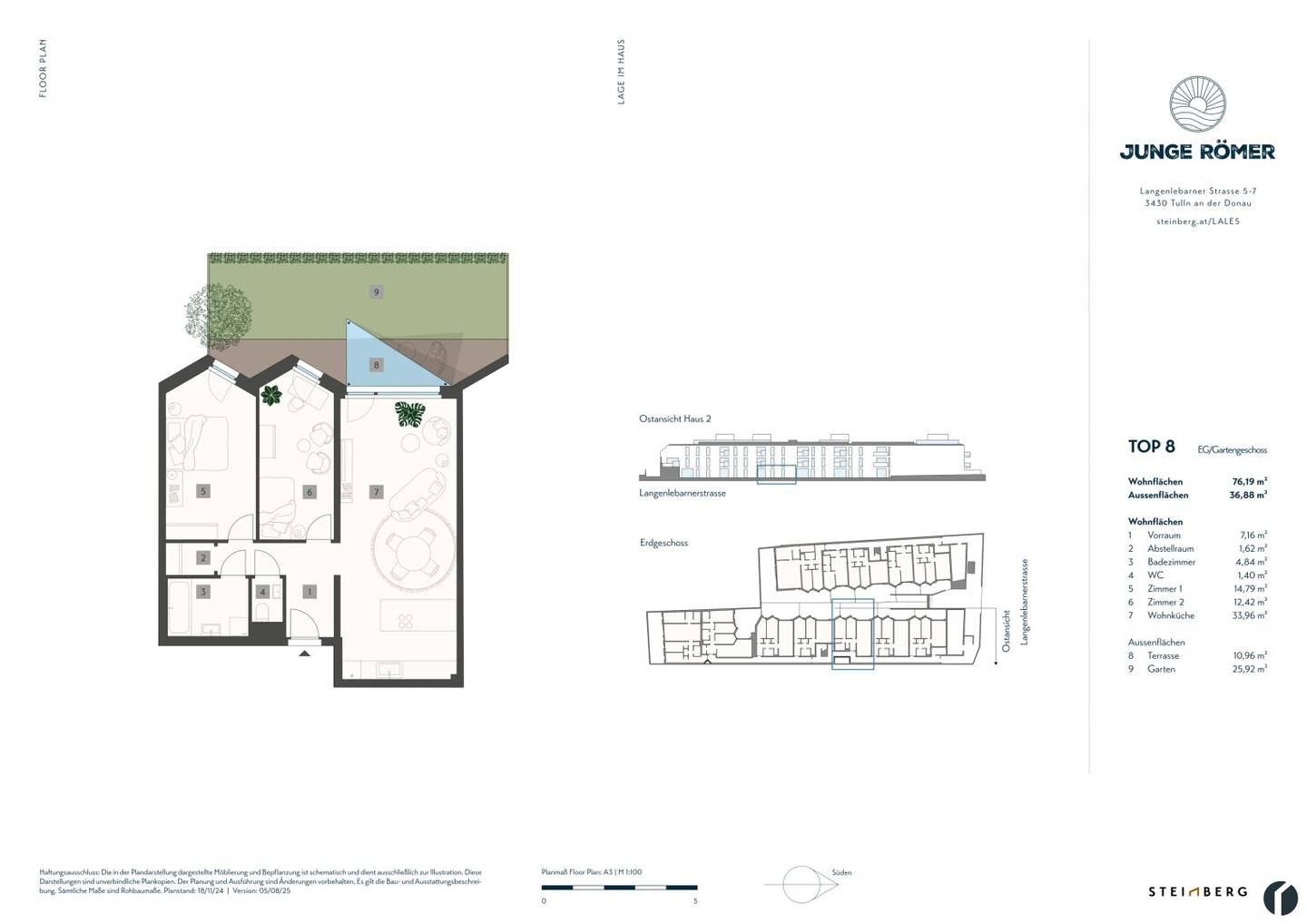 3-room garden apartment near Danube promenade, center