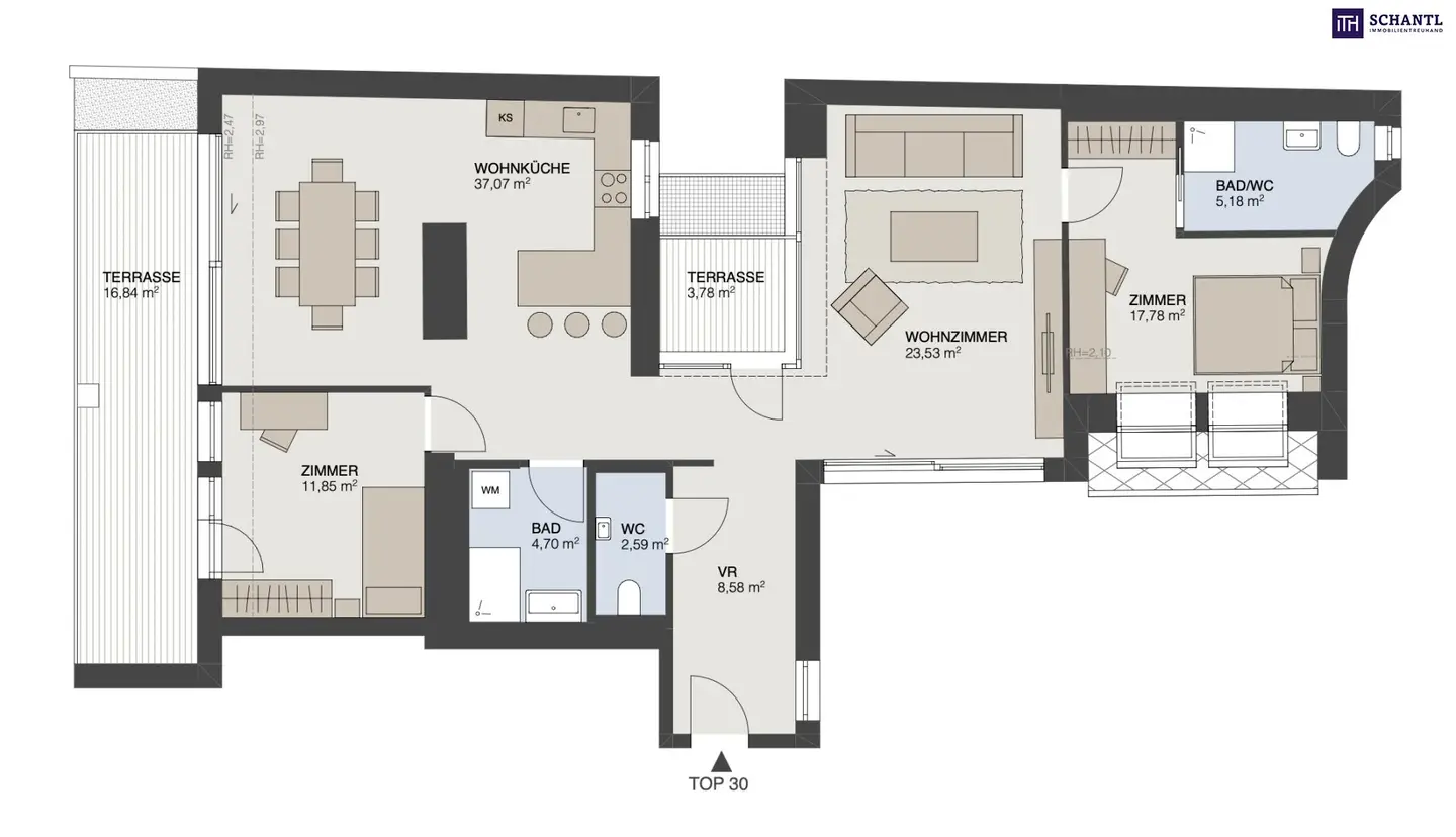 Dachgeschosswohnung zwei Terrassen Innenhofblick