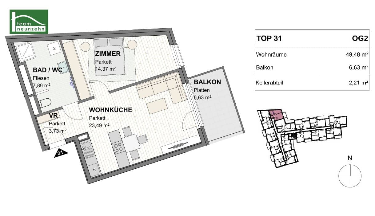 New build apartment in Karmeliterhof with balcony