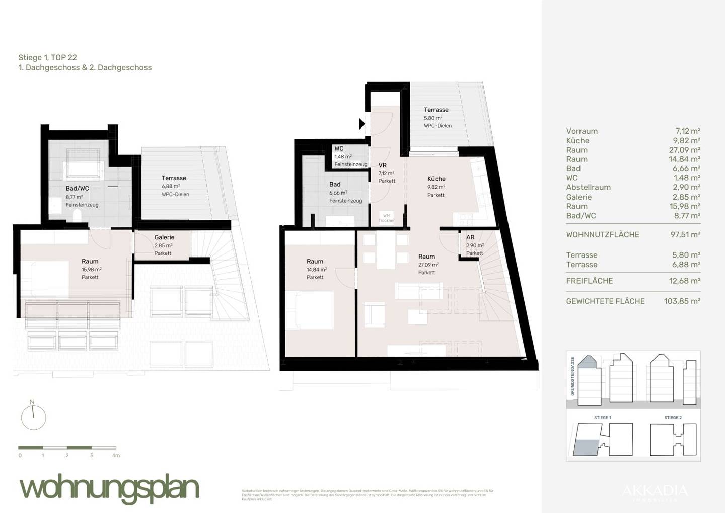 Dachgeschosswohnung Lichtdurchflutete Galerie Dachgarten