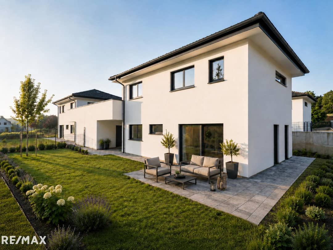 Helles Einfamilienhaus in Holzbauweise mit großem Garten und zwei Terrassen