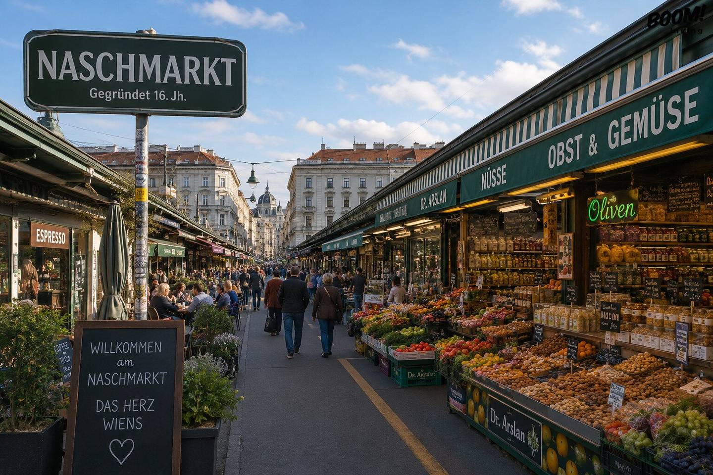 Market stall at Vienna Naschmarkt with company
