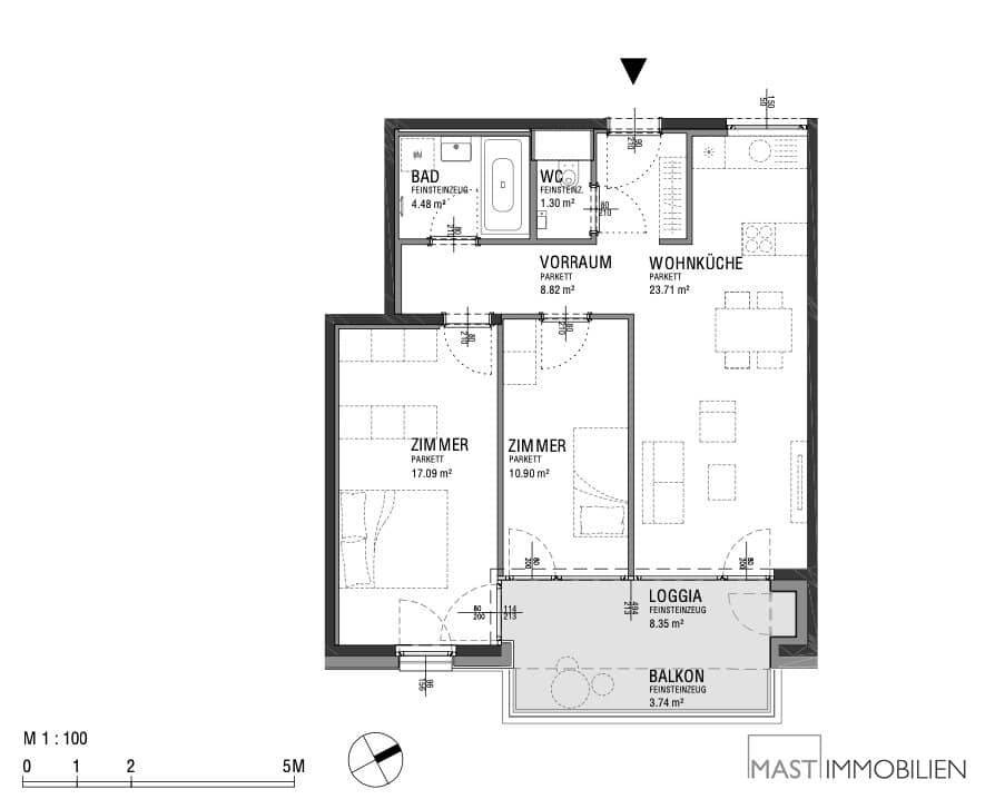 Bright 3-room apartment with balcony and loggia