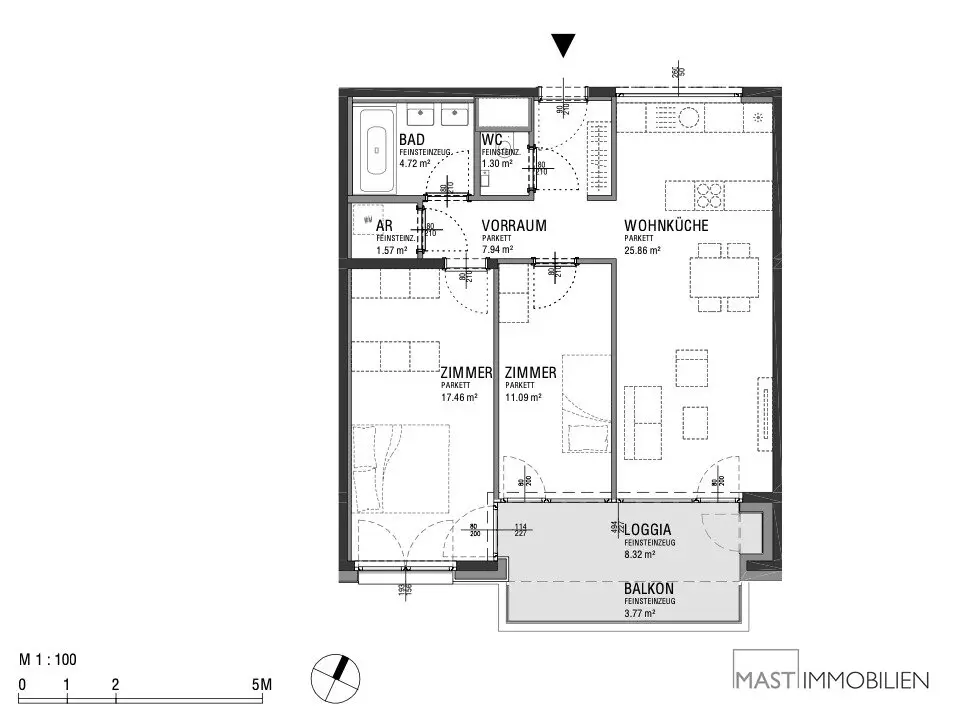 New build apartment with loggia and balcony in a central location