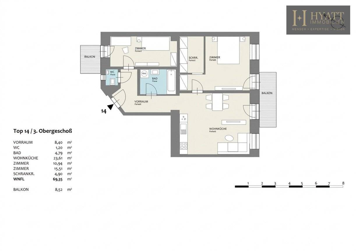 New build apartment with two balconies and parquet in green surroundings