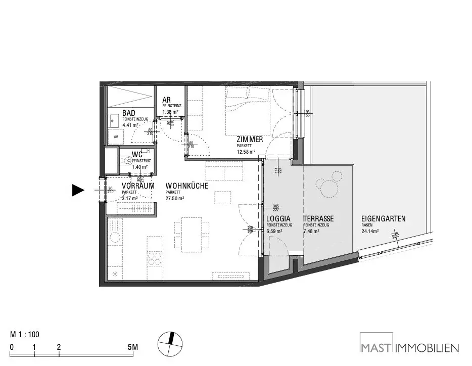 Modern garden apartment with loggia and terrace in new quarter
