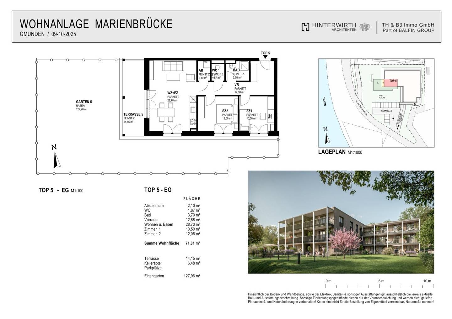 Ground floor apartment with private garden by the Traun