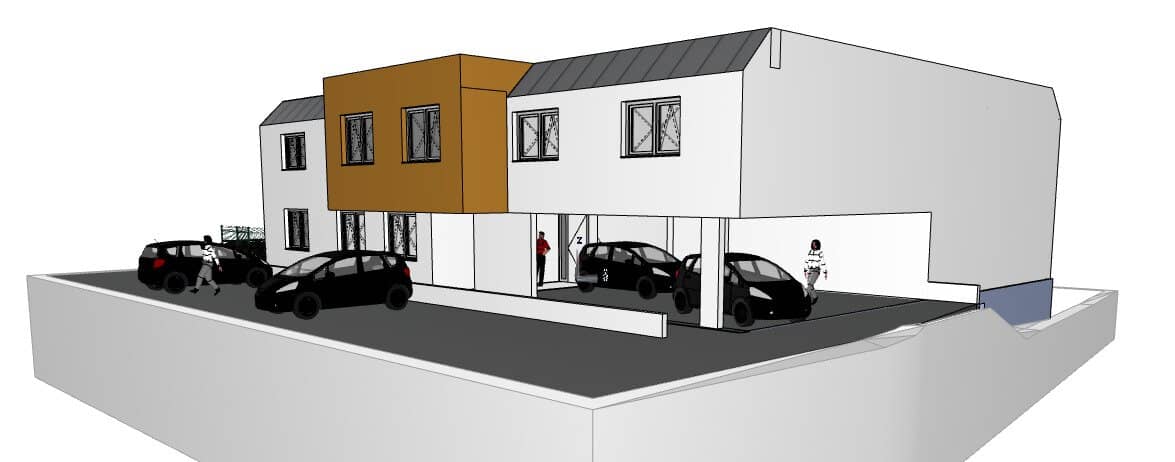 Baugrundstück mit Architekturplänen für Mehrfamilienhaus