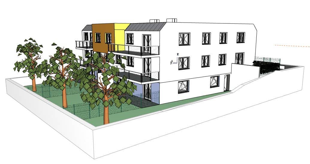 Baugrundstück mit Architekturplänen für Mehrfamilienhaus
