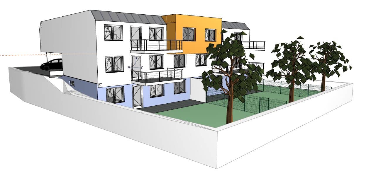 Baugrundstück mit Architekturplänen für Mehrfamilienhaus