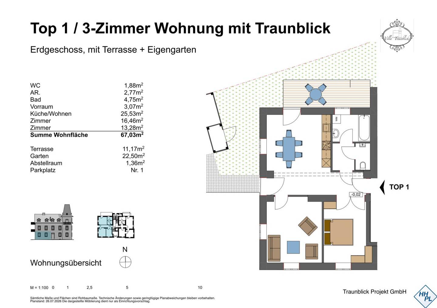 Ground floor apartment with balcony by the Traun