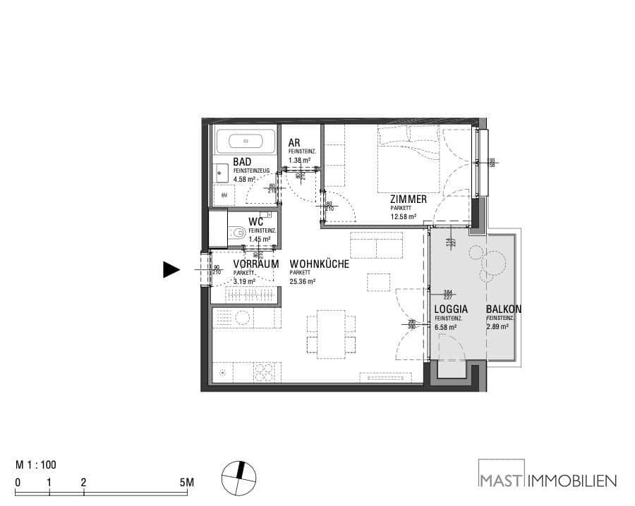 Helle Neubauwohnung mit Loggia und Balkon im Liftstock