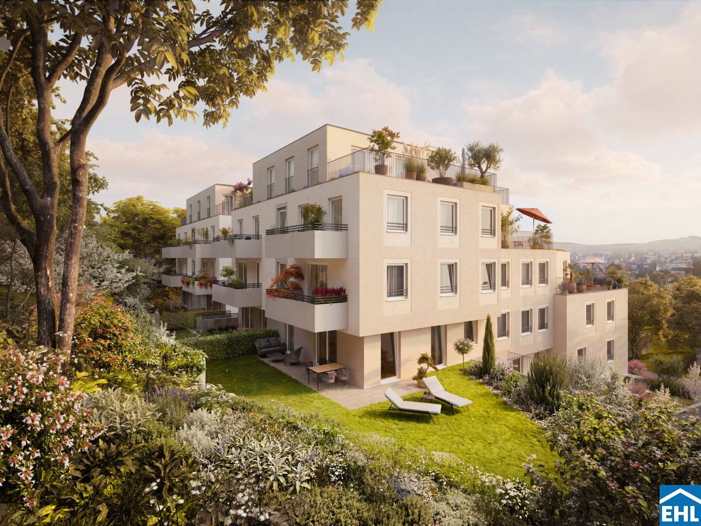 New build apartment with balcony and garden view in sunny location