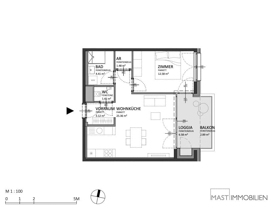 New build apartment with loggia and balcony in central location