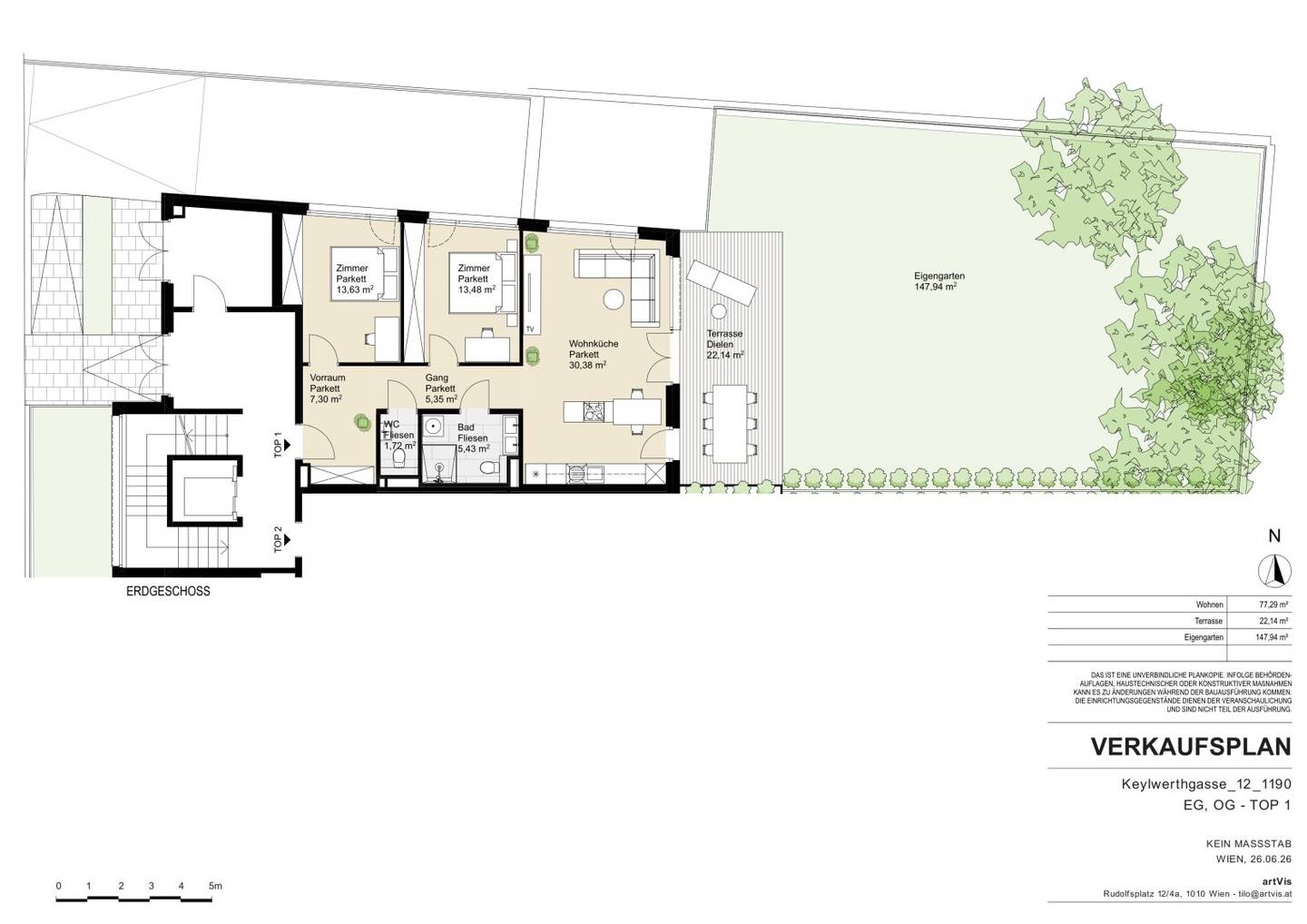 First occupancy elegant 3 room apartment with garden and terrace