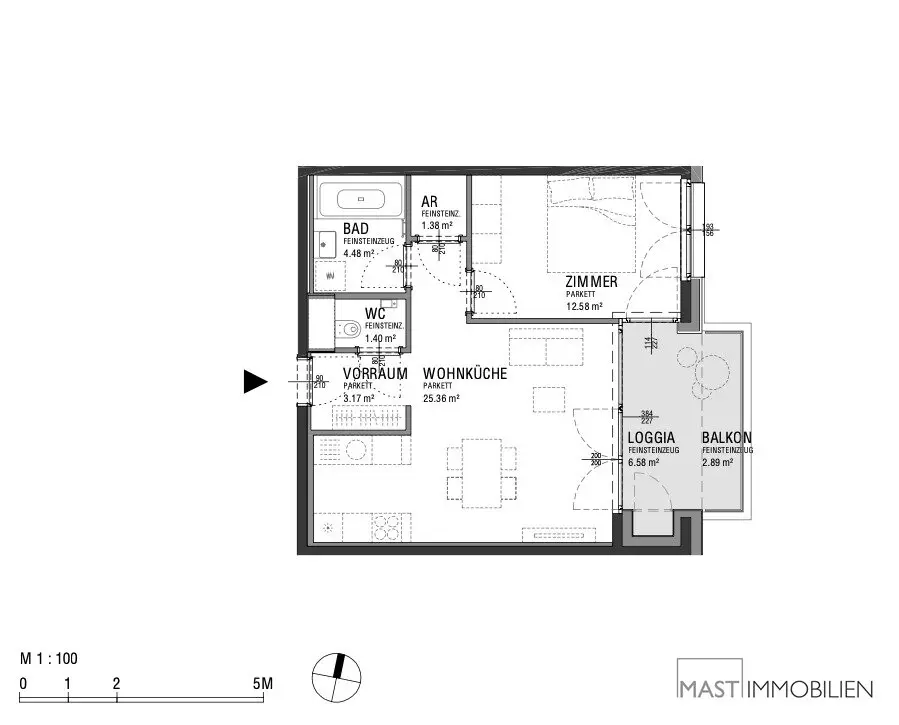 New build apartment with loggia and balcony in courtyard setting