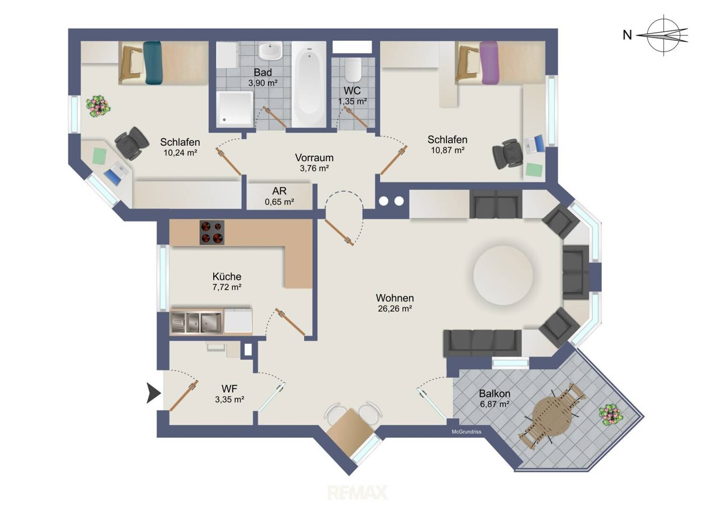 Bright 3-room apartment with balcony and underground parking