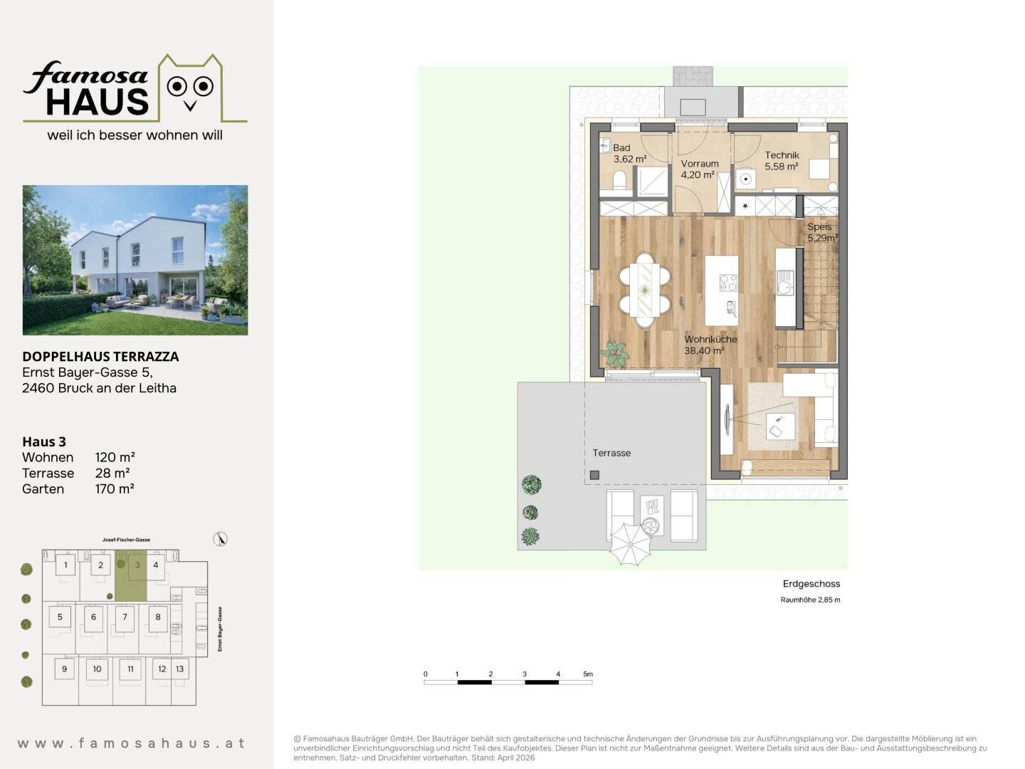 Doppelhaushälfte mit überdachter Terrasse und Garten