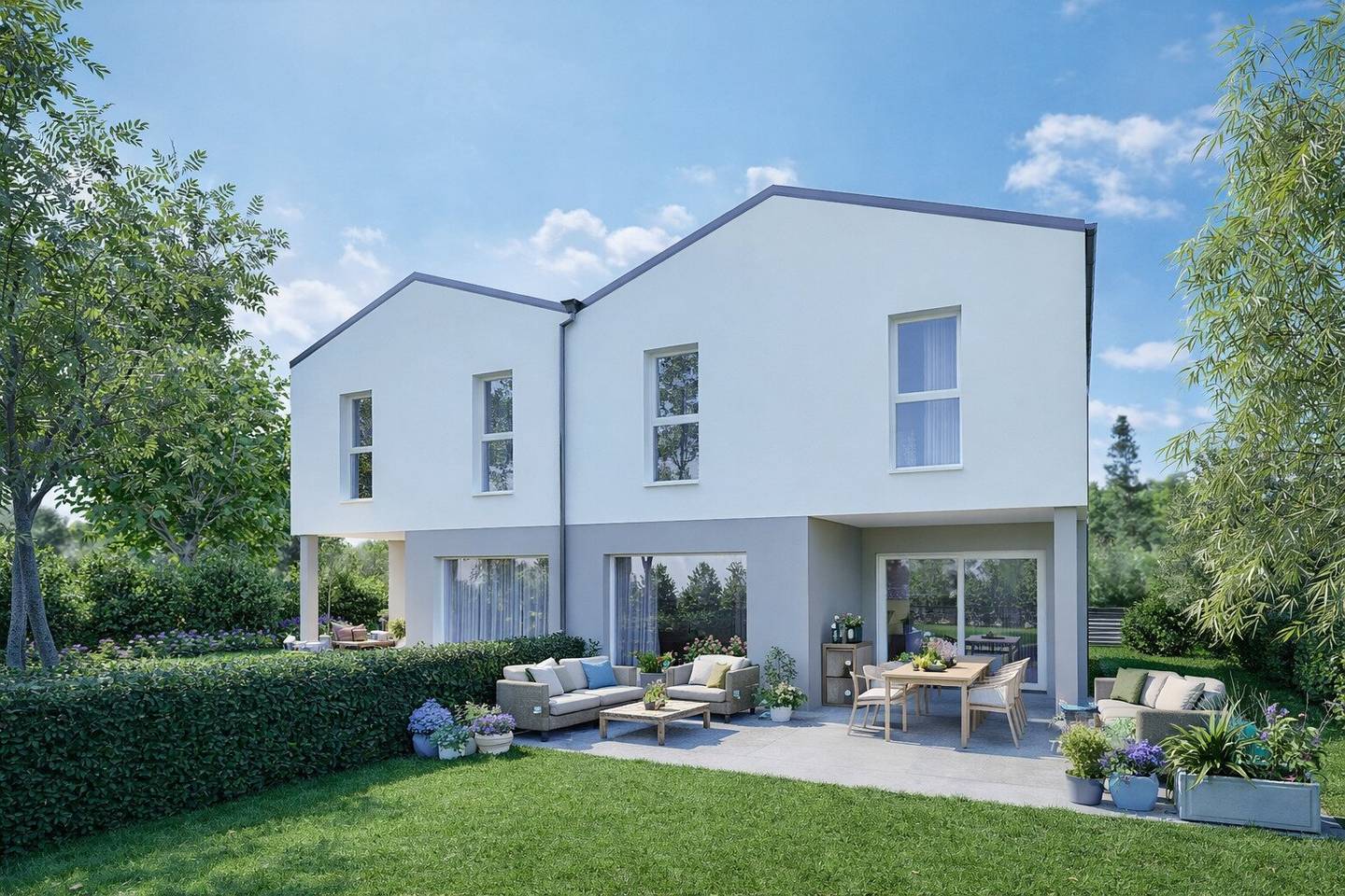 Doppelhaushälfte mit überdachter Terrasse und Garten