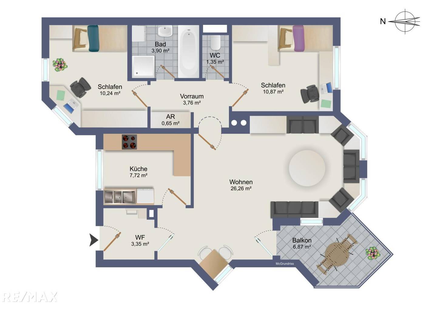 Bright 3 room apartment with balcony and underground parking