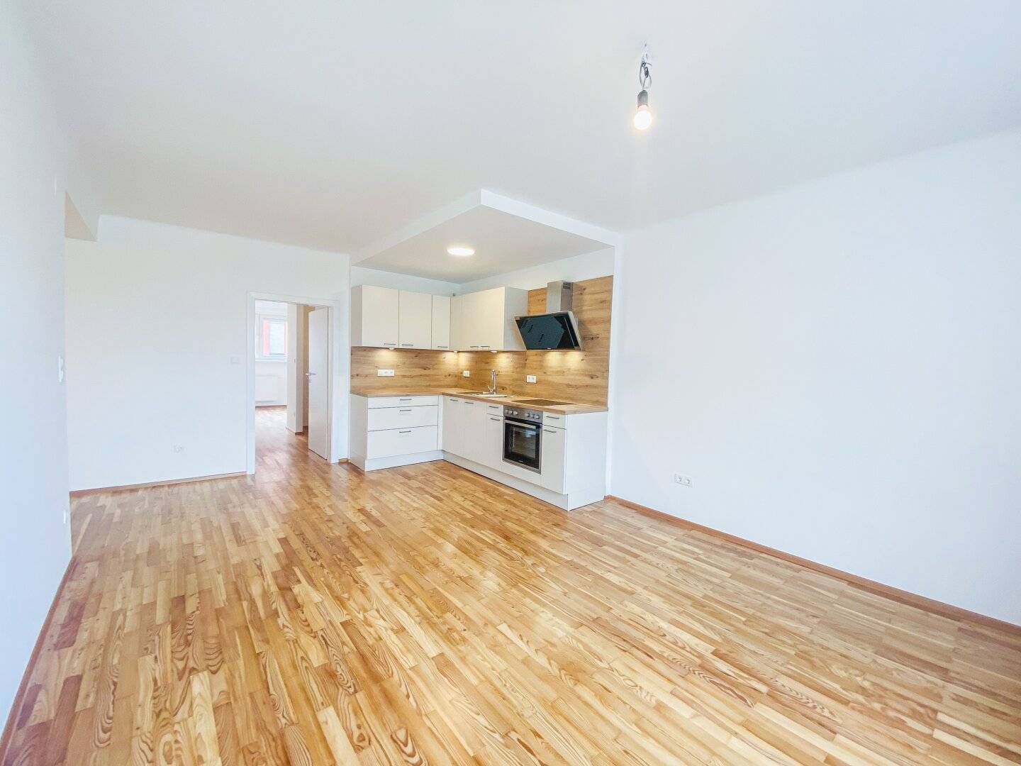 Renovated apartment with open living area and distant view
