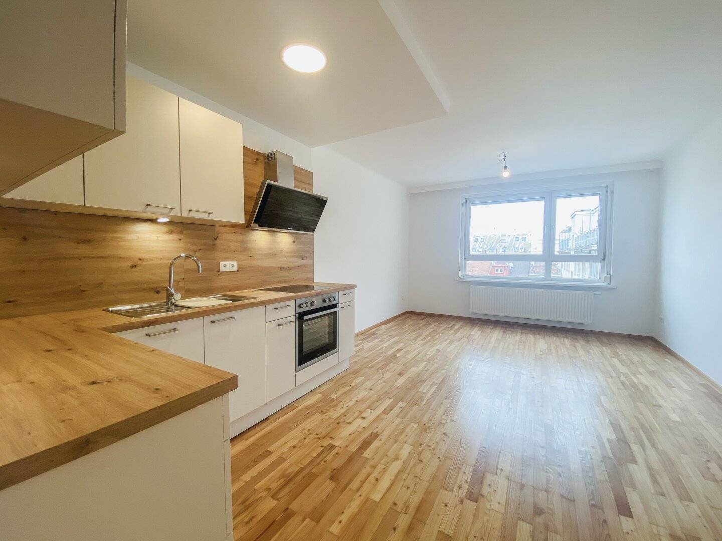 Renovated apartment with open living area and distant view