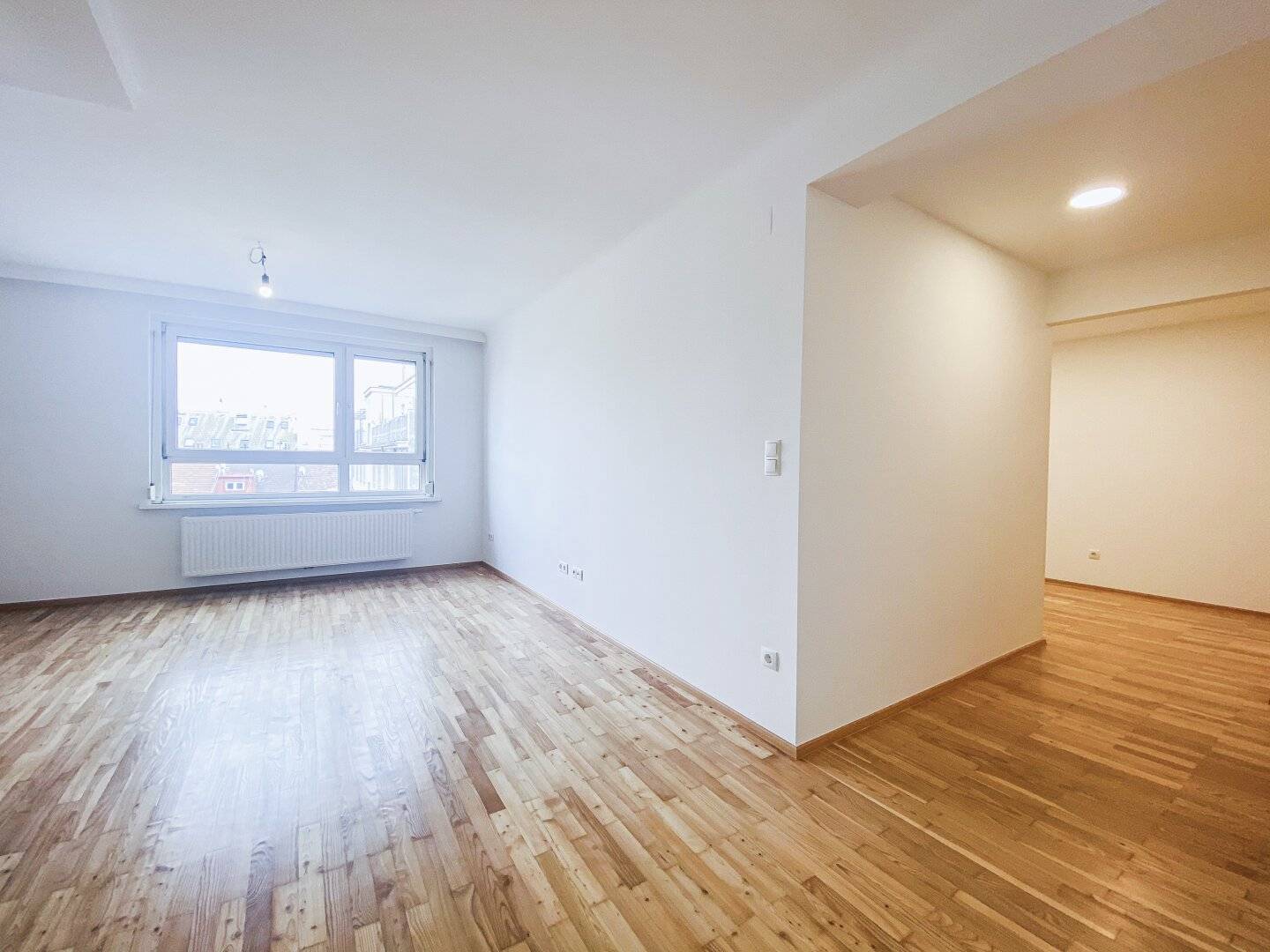 Renovated apartment with open living area and distant view