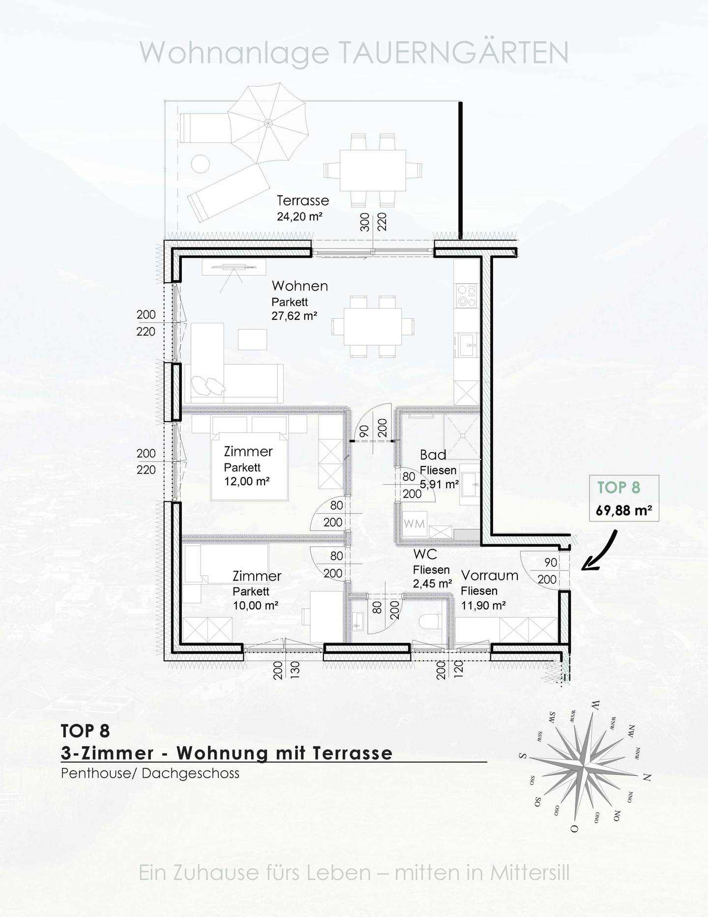 Penthouse with large terrace and mountain view in central location