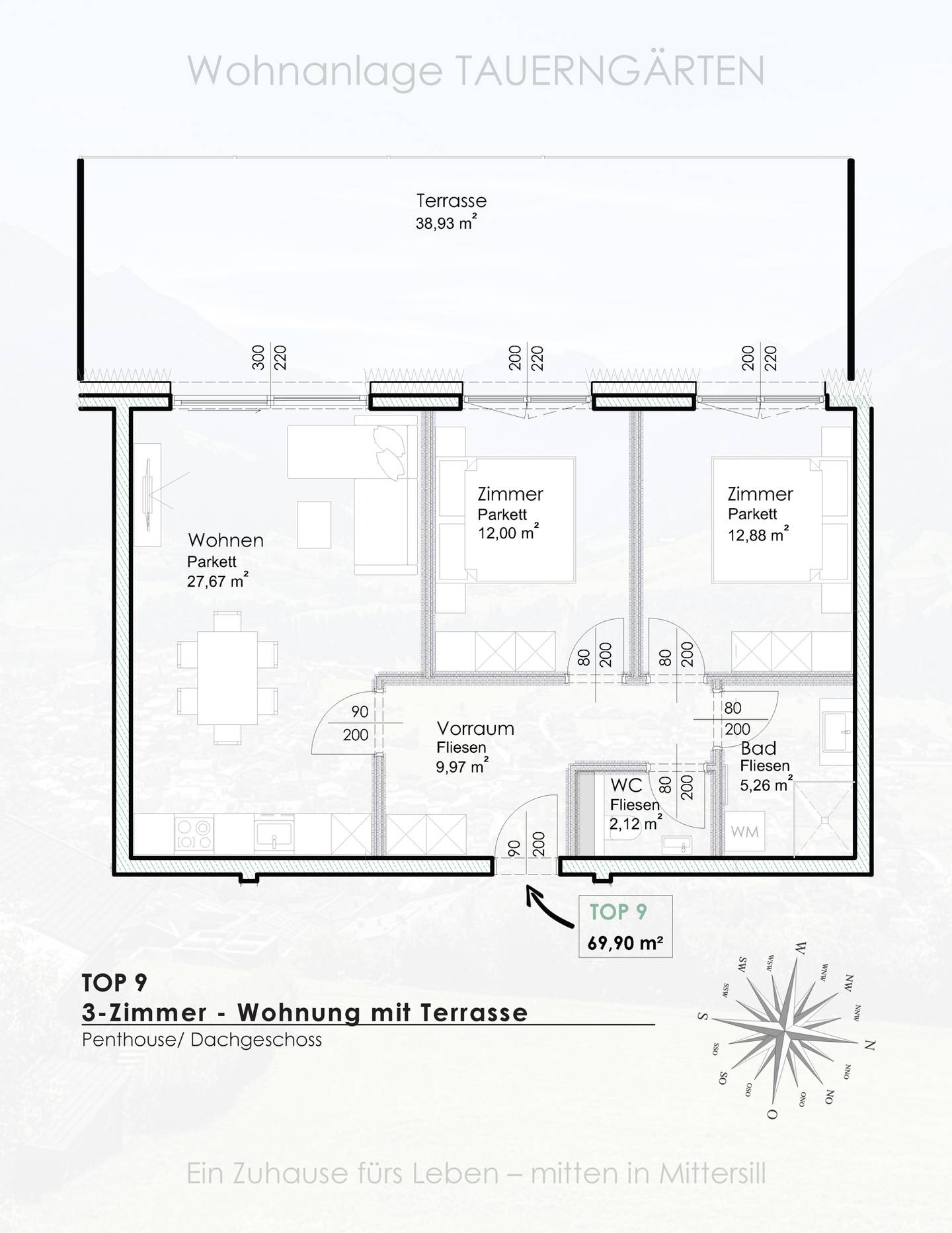 Penthouse with southwest terrace and mountain view in central location
