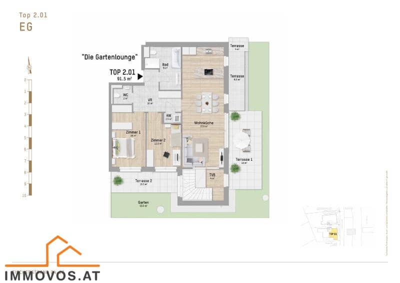 Ground floor apartment with garden and two terraces by the old Danube
