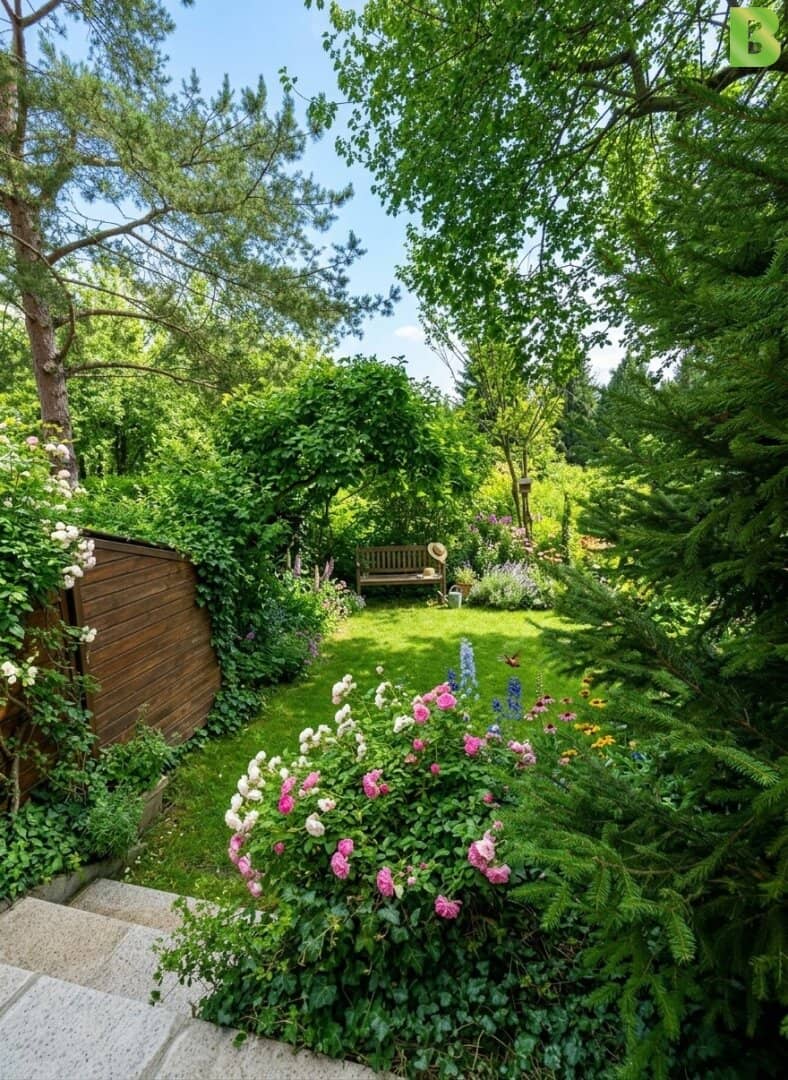 Row house with garden and tiled stove in quiet location