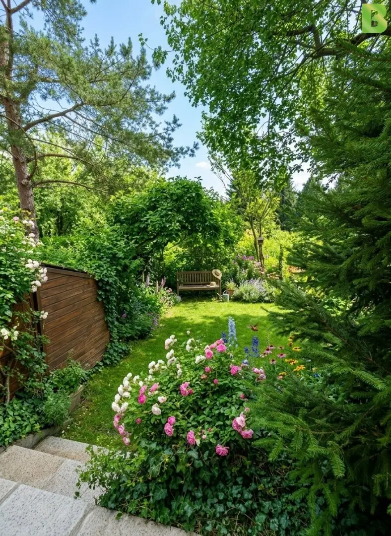 Row house with garden and tiled stove in quiet location